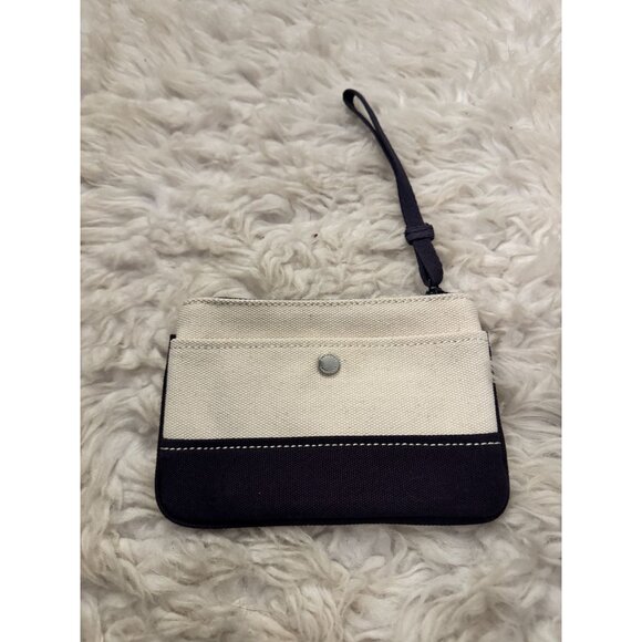 Lands' End Canvas Zippered Wristlet Zippered Pouch Cream and Navy Blue - Picture 1 of 9